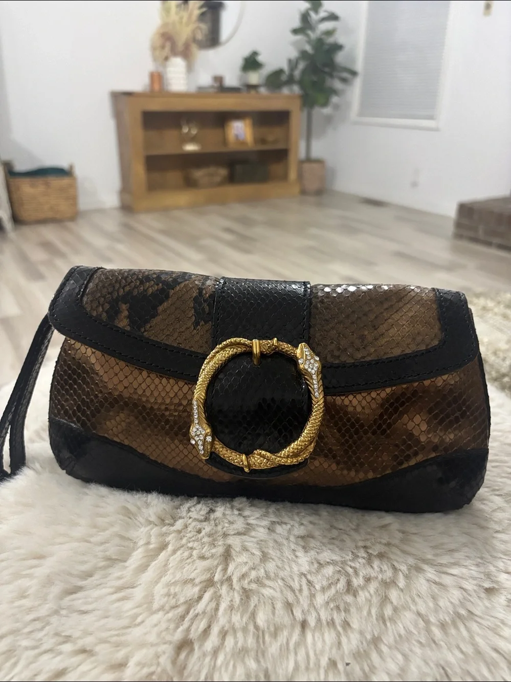 Doncaster Embossed Snakeskin Leather Clutch Bronze Gold‎ Rhinestone Snake